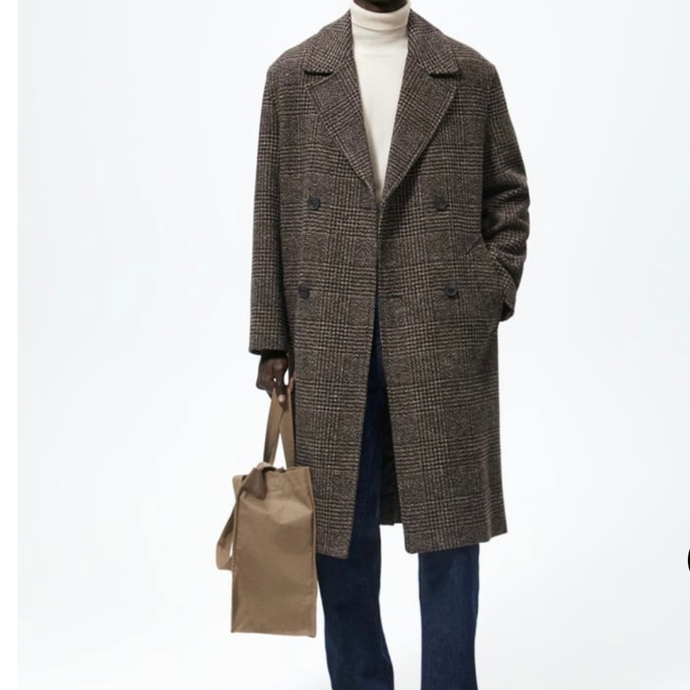 Mens BRAND NEW ZARA Double Breasted Plaid Coat Sz MEDIUM